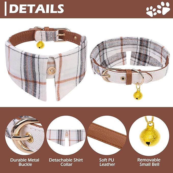 EXPAWLORER Puppy Collar and Leash - Embroidery Pawprints Plaid Small Dog Collar and Leash Set, Cute Dog Bandana Collar with Bell, Adjustable Dog Collars for Small Dogs Cats Girl Boy, Cream Small