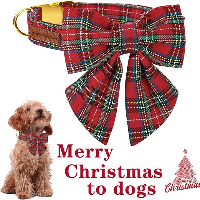 Unique style paws Christmas Dog Collar with Bow Tie Scottish Plaid Puppy Collar for Small Medium Large Dogs as Holiday Autumn Winter Gifts-XL
