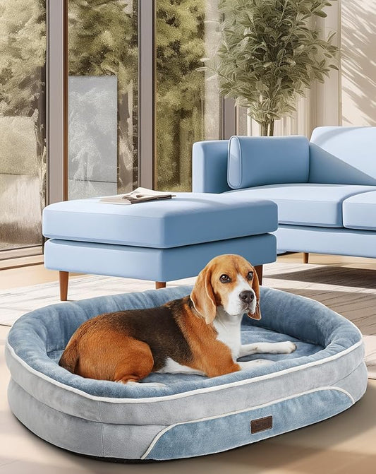 OhGeni Orthopedic Dog Couch Large Sized Pet Beds for Fathers Gifts with Comfort Foam Support, Soft Indestructible Fabric, Machine Washable Waterproof Removable Cover, 35-Inch (Washed Blue)