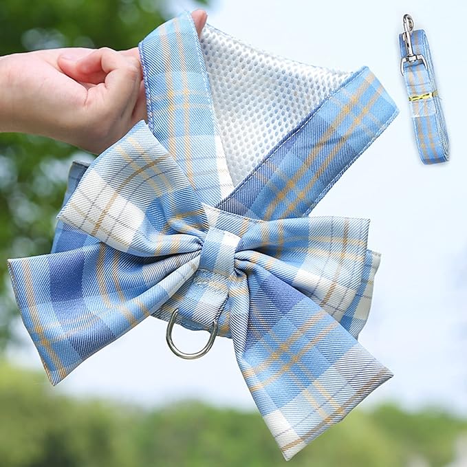 Dog Harness and Leash Set, Cute Bow Tie Plaid Harnesses for Puppy Cat, Adjustable Pet Kitties Vest, Breathable Harness Traction Rope for Boy Girl Small Animal(Harness Sky Blue,S for 3.3-5.5lbs Dog)