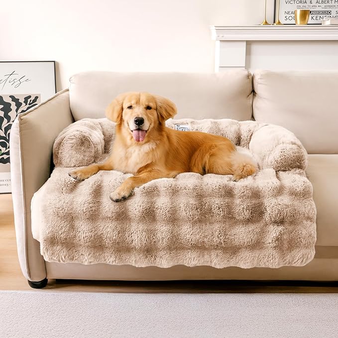 FUNNYFUZZY Calming Dog Bed Mat, Fluffy Fuzzy Couch Cover for Sofa, Furniture Protector with Removable Washable Cover for Medium Small Dogs and Cats (Coffee,37.4 × 33.46 × 6.3 in)