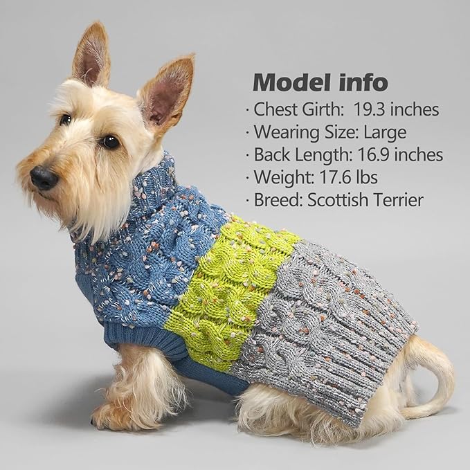 KYEESE Dog Sweater, X-Large (19-27lbs), 3# Green, High-Density Acrylic, Turtle Neck, Color Block, Medium Breeds, Fall Winter Dog Clothes