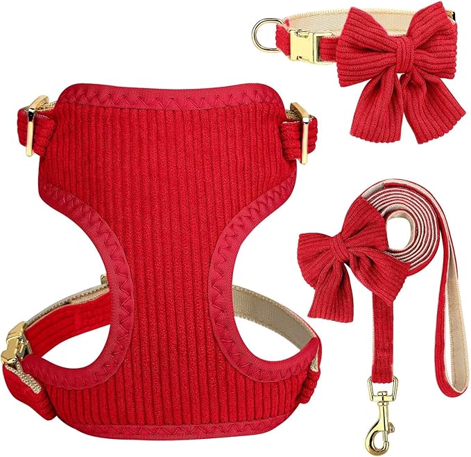 Didog Cute Small Dog Harness Collar & Leash Set, Adjustable Dog Collars and Leashes with Bowtie, Breathable Soft Mesh Padded Dog Vest for Puppies Small Dogs Walking, Red, M