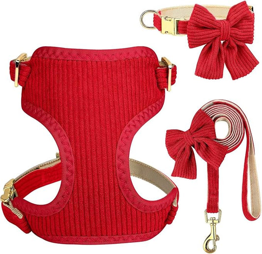 Didog Cute Small Dog Harness Collar & Leash Set, Adjustable Dog Collars and Leashes with Bowtie, Breathable Soft Mesh Padded Dog Vest for Puppies Small Dogs Walking, Red, M