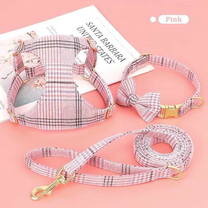 Beirui Cute Small Dog Harness Collar and Leash Set with Bowtie, Soft Adjustable Pink Puppy Harness for Small Sized Dogs Cats Walks Parties and Photoshoots(Pink,XXS:Chest 12-14")