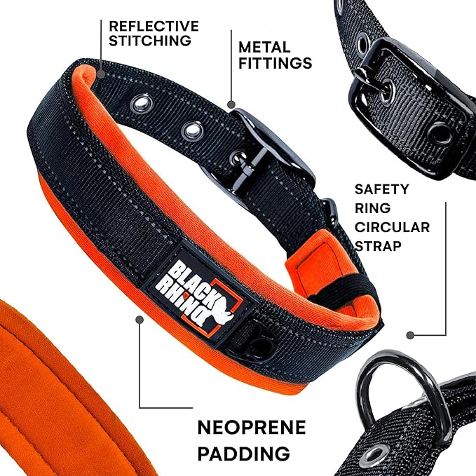 Black Rhino Extra Large Dog Collar - Adjustable Reflective Heavy Duty Dog Collars with Ultra-Soft Neoprene Padding - Weatherproof, Durable, and Comfortable - Ideal for Active Dogs - Orange and Black
