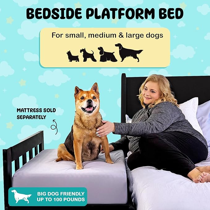 Dog Bed Frame - Wooden Raised Dog Bed Frame ONLY, Human-Style Freestanding Pet Bedside Cosleeper for Dogs & Cats, Wood Bunk Bassinet for Small, Medium & Large Breeds (Medium Profile)
