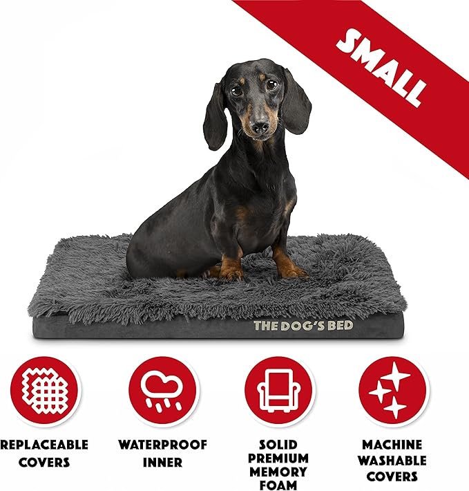 The Dog’s Bed Orthopedic Memory Foam Dog Bed, Small Grey Faux Fur 28x19, Pain Relief for Arthritis, Hip & Elbow Dysplasia, Post Surgery, Lameness, Supportive, Calming, Waterproof Cover