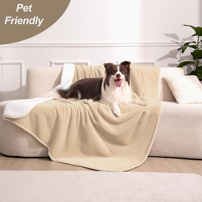 gogobunny Waterproof Bed Blanket, Reversible Sherpa Fleece Throw Blanket for Dog Puppy Cat, Furniture Cover Protects Bed Couch Sofa from Liquid Pee and Pet Fur (Beige, 50x60 inches)