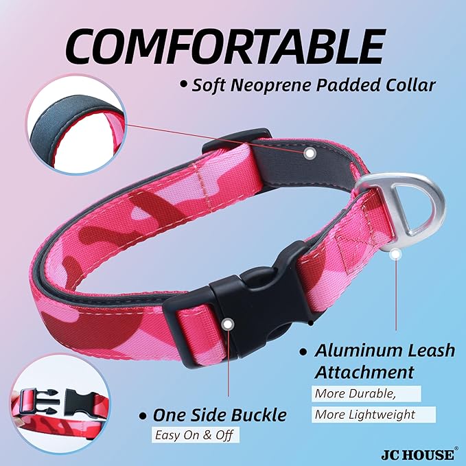 Soft Padded Dog Collar, Neck 16’’-25’’, Adjustable Heavy Duty Collar with 3M Reflective Logo for Medium, Large Dogs, Camo Pink, L