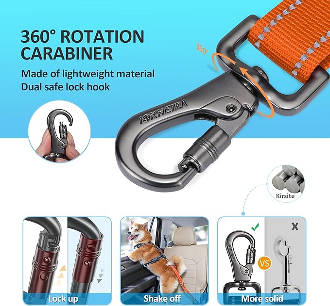 Dog Seat Belt 3-in-1 Car Harness for Dogs Adjustable Safety Seatbelt for Car Durable Nylon Reflective Bungee Fabric Tether with Clip Hook Latch & Buckle, Swivel Zinc Alloy Carabiner (Orange)