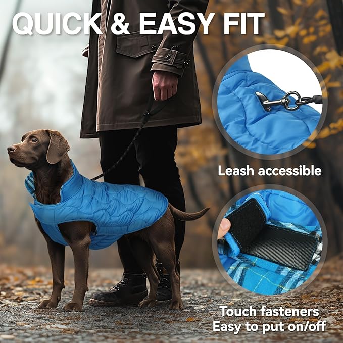 VIVAGLORY SoftJoy Dog Winter Coat - British Style Plaid Jacket & Vest for Cold Weather Snow - Reversible, Warm & Heavy Duty - XL Blue
