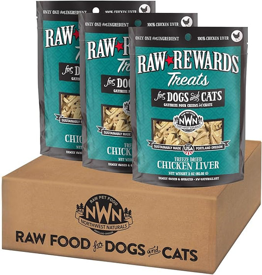 Northwest Naturals Raw Rewards Freeze-Dried Chicken Liver Treats for Dogs and Cats - Bite-Sized Pieces - Healthy, 1 Ingredient, Human Grade Pet Food, Natural, Proudly Made in USA, 3 Oz (Pack of 3)