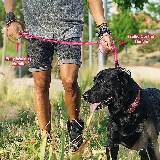 Raipult Tactical Strong Bungee Dog Leash, Pink Shock Absorbing Dog Leash with Traffic&Padded Handles, Military K9 Working Lead with Car Seatbelt for Medium Large Dogs up to 150lbs
