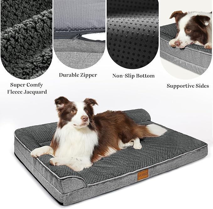 Orthopedic Jacquard XL Dog Bed for Large Dogs 42''X28'', Waterproof L Shaped Big Large Pet Sofa Bed with Washable Removable Cover, Non-Slip Soft Warm Comfortable Pet Couch Sleep Mat, Grey