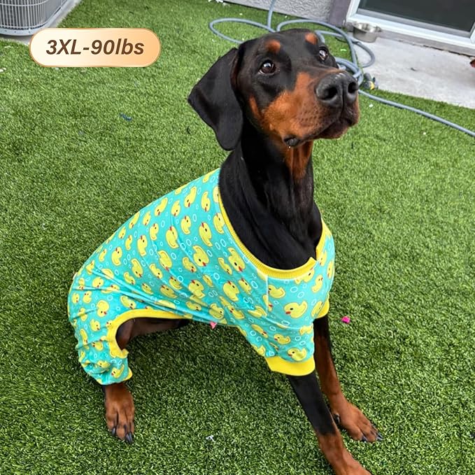 KYEESE Dog Pajamas Velvet Dog Pajamas Large Sized Dogs Soft Dogs Clothes Pjs with Yellow Ducks Pattern Stretchy Pet Jammies Coat Comfy Pet Onesie Costume, 3X-Large