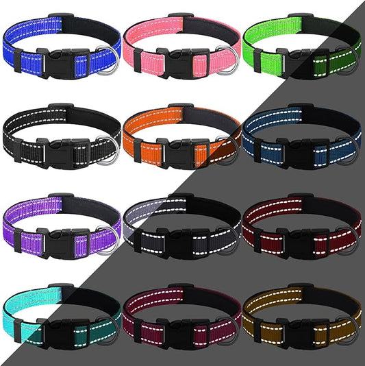Sanwuta 12 Pcs Reflective Puppy Dog Collars Bulk for Litter Dogs Adjustable Safety Nylon Collars with Locking Buckle Soft Padded Breathable Puppy Collar for Cats Pets(Medium)