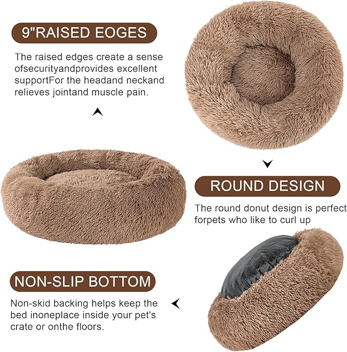Dog Calming Beds for Small Medium Large Dogs - Round Donut Washable Puppy Dog Bed, Anti-Slip Faux Fur Fluffy Donut Cuddle Anxiety Cat Pet Bed(32'' Khaki