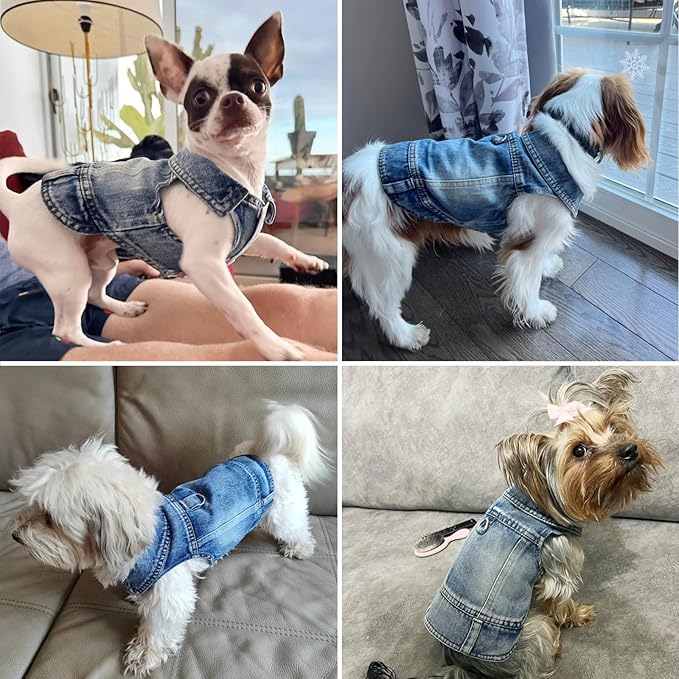 Dog Jeans Jacket Cool Blue Denim Coat for Small Medium Girl Boy Dogs Puppy Clothes Comfort Lapel Harness Vest with D-Ring for Leash