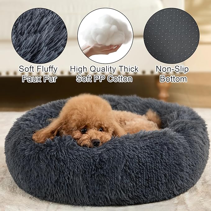Calming Donut Dog Beds for Small Medium Large Dogs - Round Washable Dog Bed, Anti-Slip Faux Fur Fluffy Donut Cuddler Anxiety