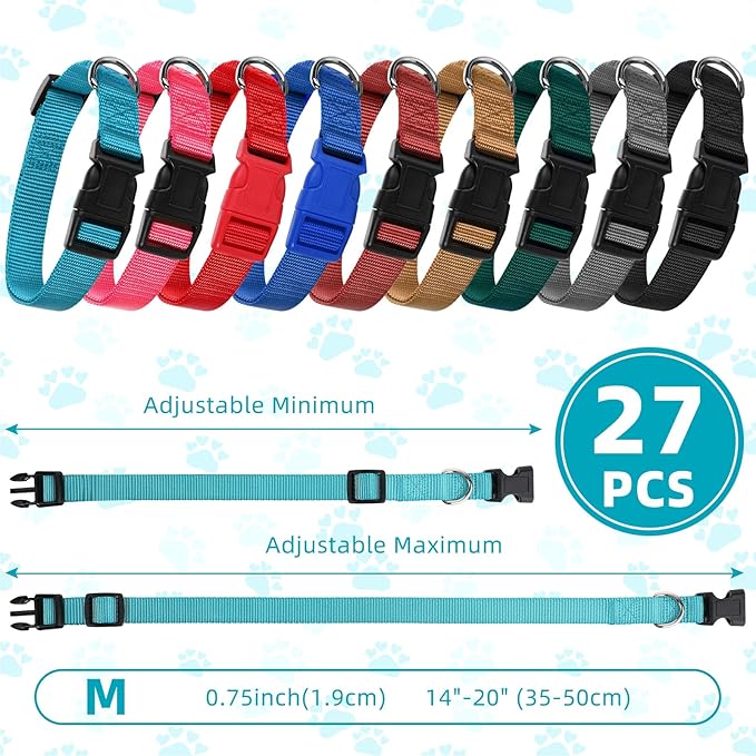 Amylove 27 Pcs Dog Collar Bulk Adjustable Nylon Puppy Collar for Small Medium Large Dogs Multiple Pet with Quick Release Buckle for PET Travel Walk Daily(Medium,Classic Colors)