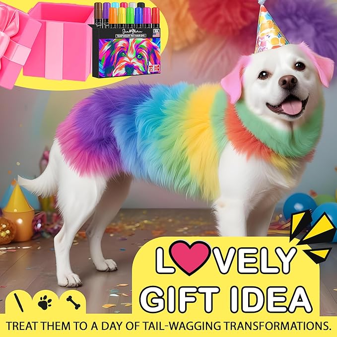 Jim&Gloria Washable Dog Hair Dye Markers, Pet Safe Grooming Kit, Temporary Fur Paint Animal Pens for Small to Large Boy and Girl Puppy Stuff Accessories, Birthday Gifts to Cat Lovers Set of 12 Color
