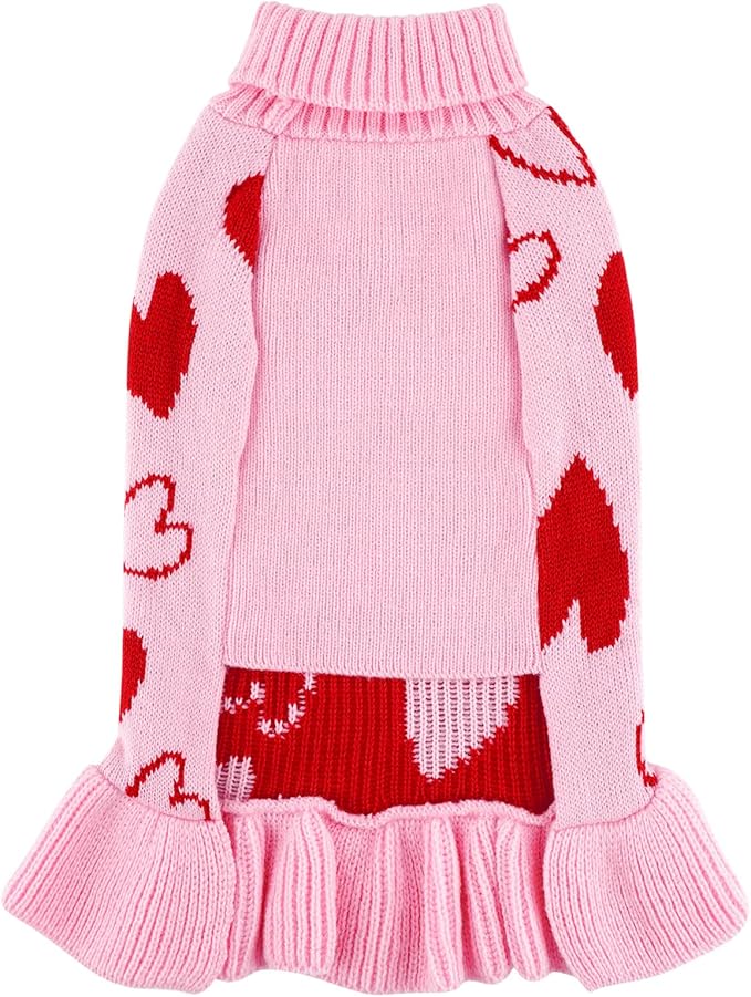 cyeollo Dog Sweater Dress Valentines Day Dog Clothes Knit Turtleneck with Leash Hole Heart Pattern Holiday Theme Female Pet Apparel for Small Dogs Cats