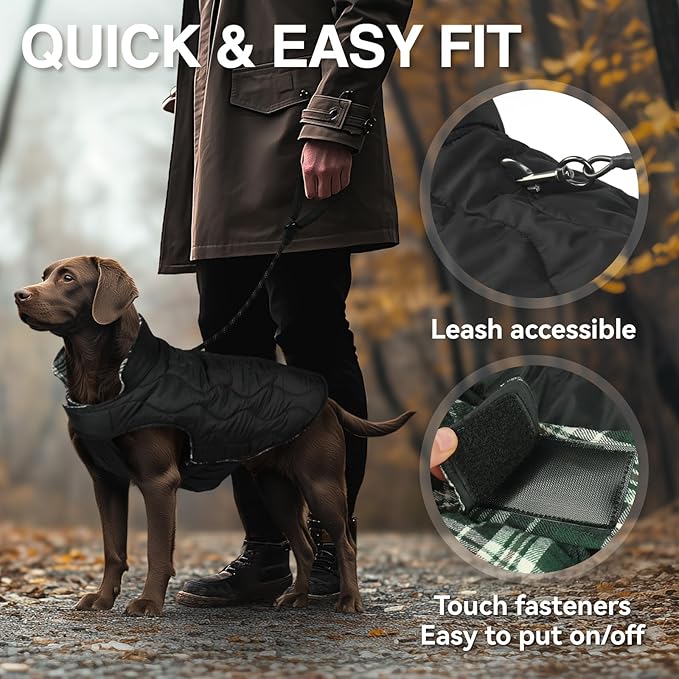 VIVAGLORY SoftJoy Dog Winter Coat - British Style Plaid Jacket Vest Apparel for Cold Weather Snow Outdoor - Reversible Warm Cozy Heavy Duty XS Green