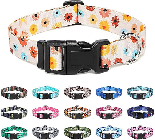 Adjustable Dog Collar with Patterns, Ultra Comfy Soft Nylon Breathable Pet Collar for Small Medium Large Dogs (L, Floral Daisy)
