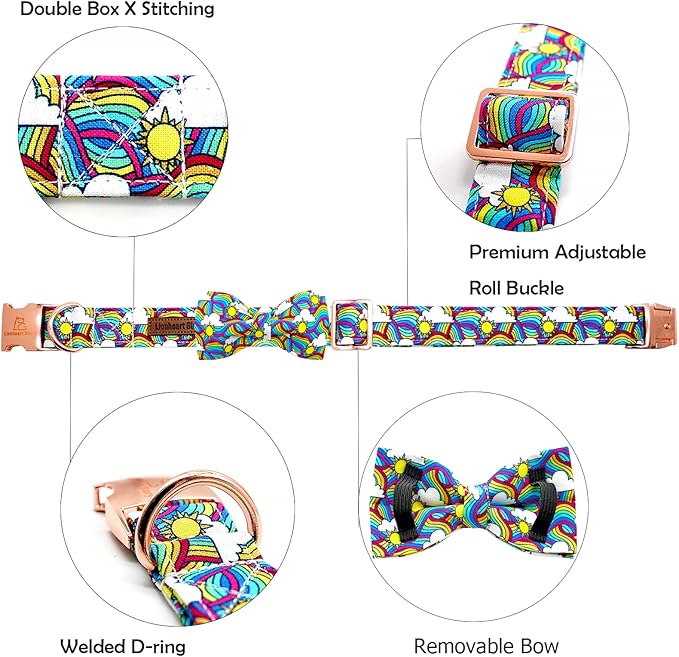 Lionheart glory Rainbow Dog Collar Colorful Dog Bow Collar Heavy Duty Adjustable Pride Dog Collar with Bowtie for Large Dogs Pet Gift