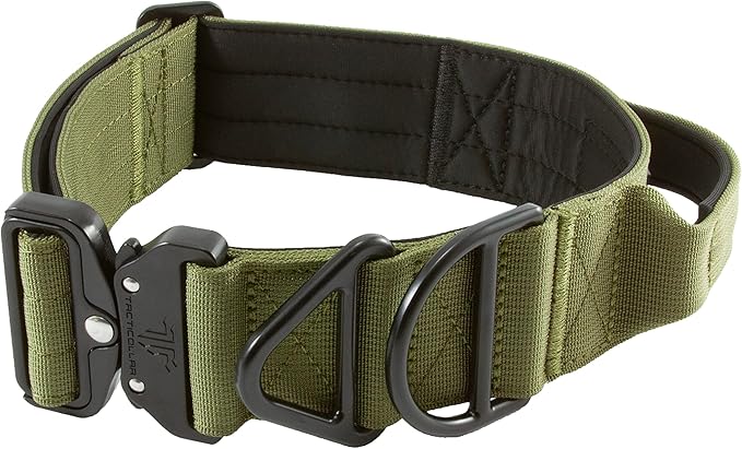 2 inch Tactical Dog Collar with Handle for Medium and Large Dogs, Mil Spec Nylon Collar, Quick-Release Metal Buckle, Neoprene Padded Inside (Large, Olive Green)