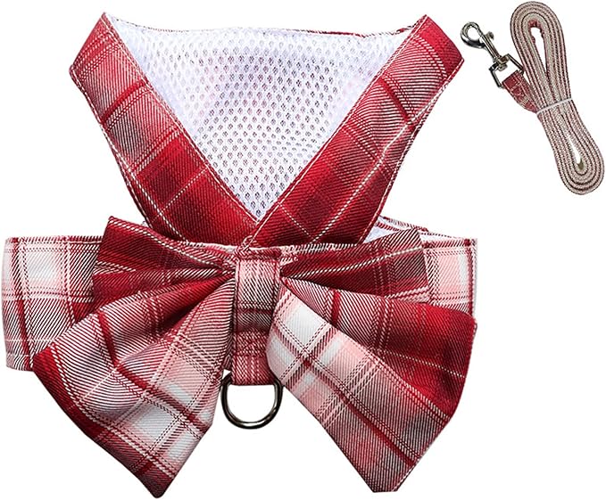 Dog Harness and Leash Set, Cute Bow Tie Plaid Harnesses for Puppy Cat, Adjustable Pet Kitties Vest, Breathable Harness Traction Rope for Boy Girl Small Animal(Harness Wine Red,2XL for 15.4-22lbs Dog)
