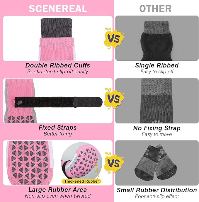 SCENEREAL Anti Slip Dog Socks for Hot Pavement to Prevent Licking Paws, Long Sporty Style Reflective Dog Grip Socks for Hardwood Floors, Dog Shoes Booties&Paw Protector for Medium Senior Dog, Pink M