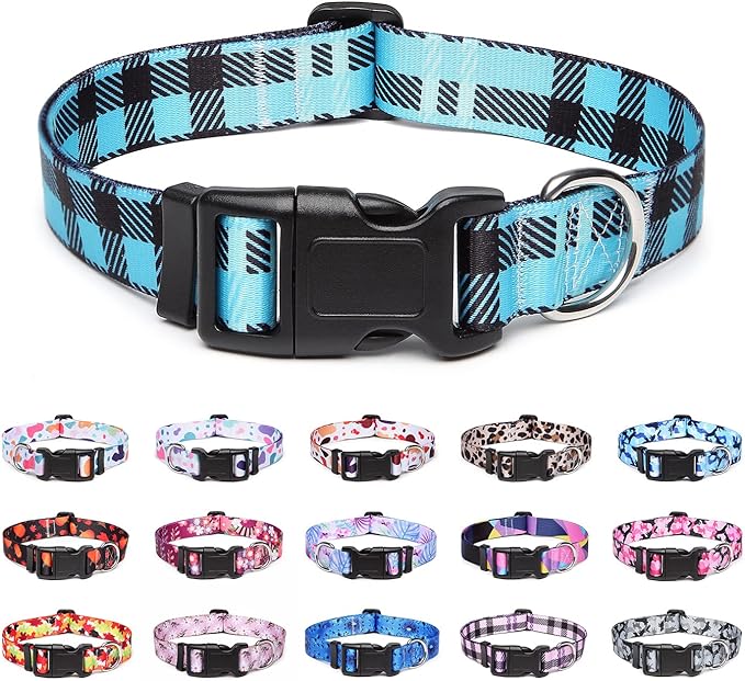 Adjustable Dog Collar with Patterns, Ultra Comfy Soft Nylon Breathable Pet Collar for Small Medium Large Dogs (S, Blue Plaid)