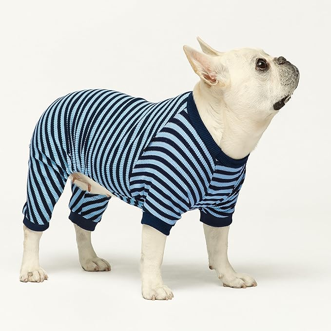 Fitwarm Blue and White Striped Dog Pajamas, Waffle Dog Clothes for Small Dogs Girl Boy, Puppy Onesie with Feet, Pet Cat Outfit, Small