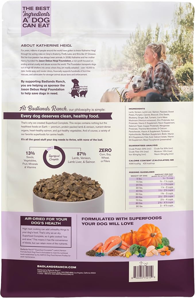 by Katherine Heigl- Superfood Complete, Air-Dried Adult Dog Food - High Protein, Zero Fillers, Superfood Nutrition (64 Ounce (Pack of 4), Lamb & Venison)
