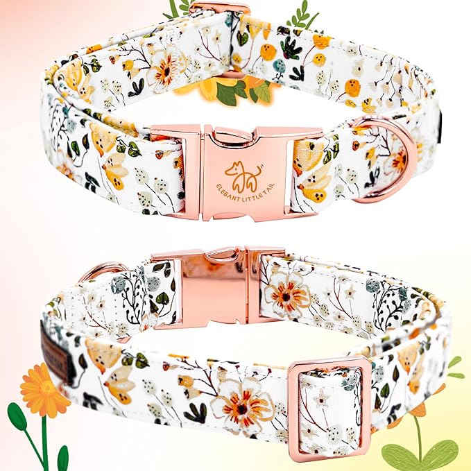 Elegant little tail Dog Collar, Floral Print Pet Collar with Bow Girl Cotton Bowtie Collars Spring Dog Collars Gift Adjustable Dog Collar for Small Dogs