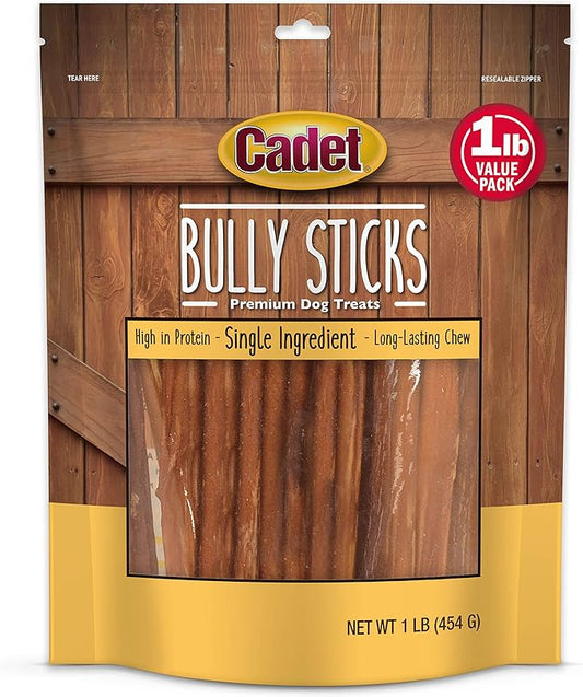 Cadet Bully Sticks for Small Dogs, All-Natural Beef Pizzle, Rawhide-Free Long-Lasting Dog Chews for Aggressive Chewers, 1 Pound