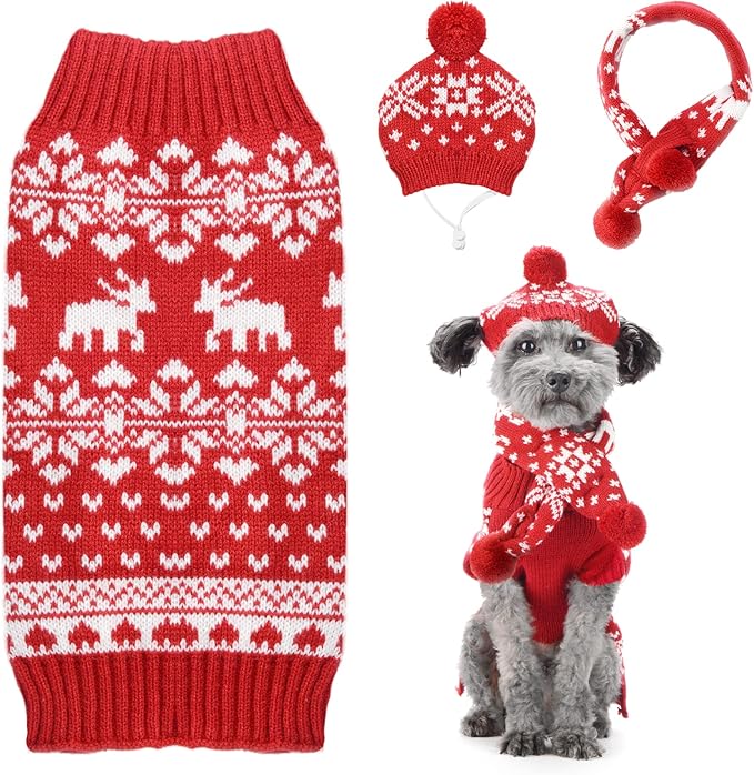 PETCARE 3 Pack Dog Christmas Costume - Cute Red Reindeer Snowflake Christmas Dog Sweater Scarf Hat Set - Pet Dog Cat Puppy Xmas Outfits Costume for Small Medium Dogs Cats Clothes