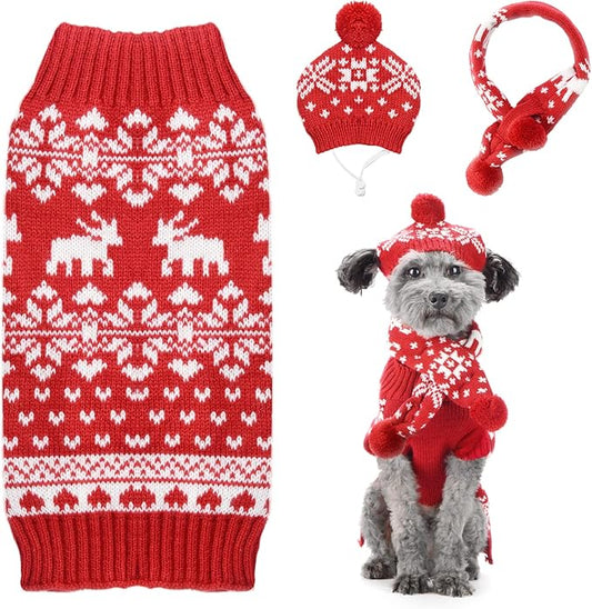 PETCARE 3 Pack Dog Christmas Costume - Cute Red Reindeer Snowflake Christmas Dog Sweater Scarf Hat Set - Pet Dog Cat Puppy Xmas Outfits Costume for Small Medium Dogs Cats Clothes