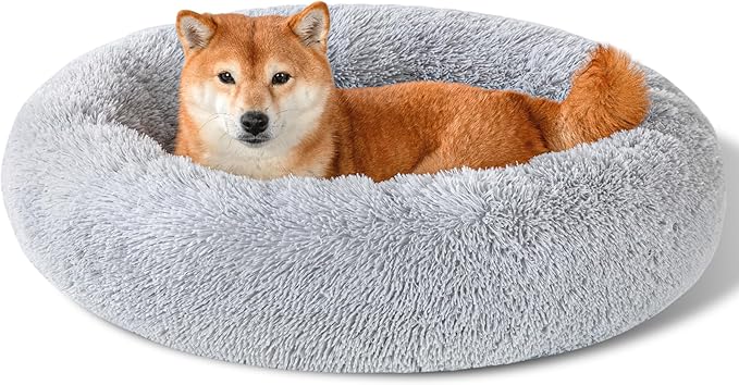 Dog Calming Beds for Small Medium Dogs - Round Donut Washable Dog Bed, Anti-Slip Faux Fur Fluffy Donut Cuddler Anxiety Cat Bed(Light Grey 32")