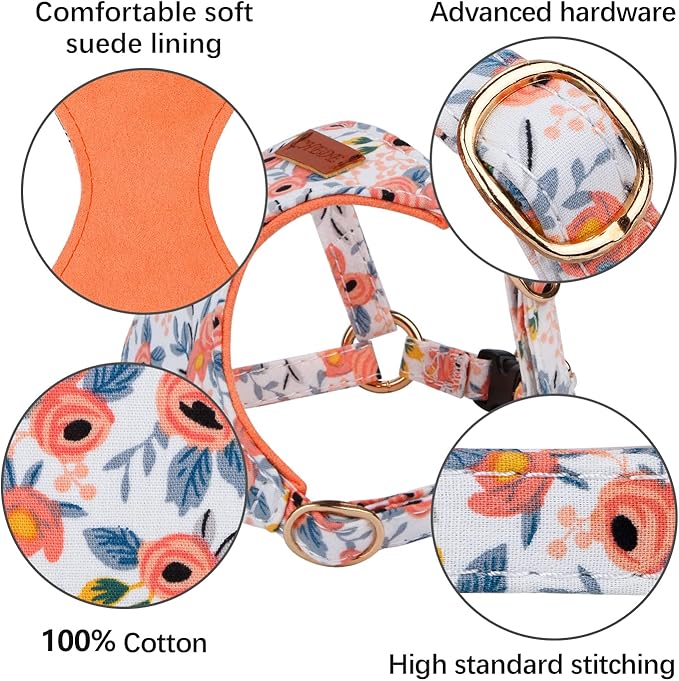 CHEDE No Pull Floral Pattern Dog Harness- Lightweight, Soft, Adjustable Small Harness and Leash Set, Suitable for Puppy Small and Medium-Sized Dog (S, Orange Rose)