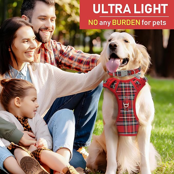 GAMUDA Dog Harness Collar and Leash Set, Dog Harness, No Chock No Pull Adjustable Vest Harnesses Plaid Reflective for Medium Dog, Cat, Small Horse, Small Bull and Pig (Red, XL)