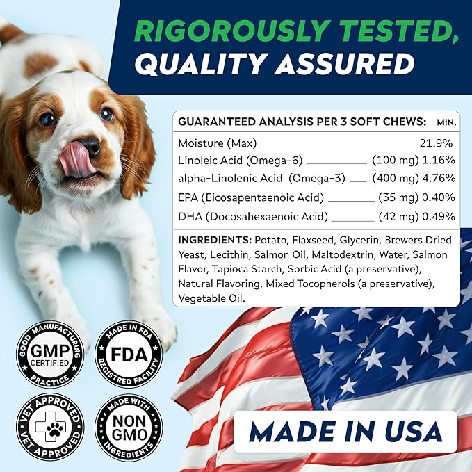 STRELLALAB Omega 3 for Dogs - (180Ct) Fish Oil Treats - Allergy & Itch Relief Skin & Coat Supplement - Dry Itchy Skin, Anti Shedding & Hot Spots Treatment - Pet Salmon Oil Chews - Chicken Flavor