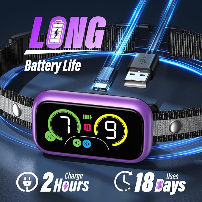 Dog Bark Collar for Large Medium Small Dogs, Smart Barking Collar, Effective No Bark Collar with Adjustable Beep Vibration Correction Modes, Automatic Anti Barking Device, IP67 Waterproof Purple