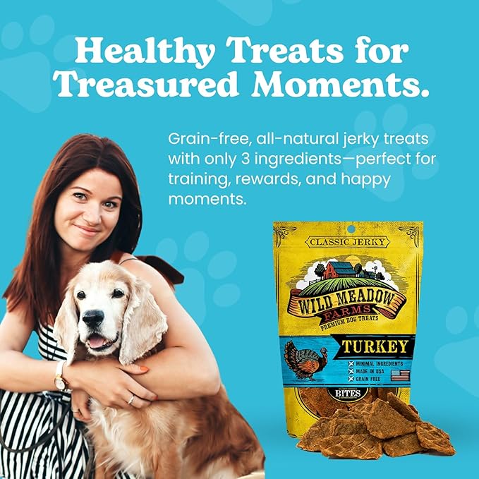 Wild Meadow Farms - Classic Turkey Bites, Soft Jerky Treats for Dogs, Grain-Free & All-Natural, Ideal for Training, Portioning, and High-Value Rewards for All Breeds & Ages - 3.5 Ounce Pouch