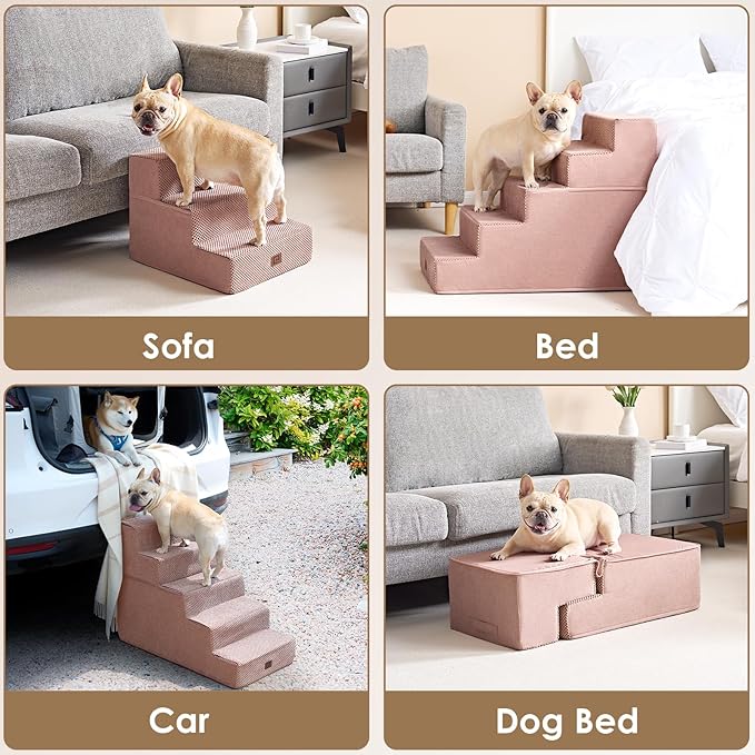 EHEYCIGA Dog Stairs for High Bed 22.5”H, 5-Step Dog Steps for Bed, Pet Steps for Small Dogs and Cats, Non-Slip Balanced Pet Ramp Indoor, Pink