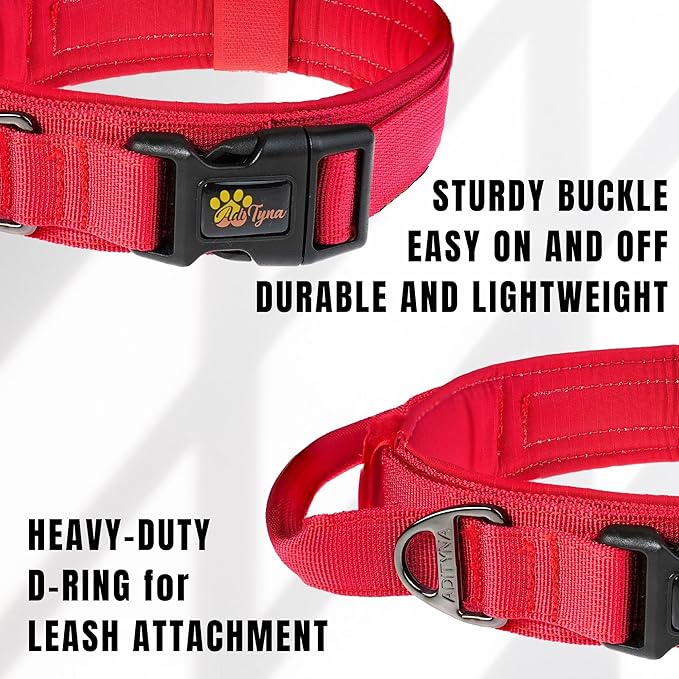 ADITYNA Heavy-Duty Tactical Dog Collar with Handle - Perfect Red Dog Collar for Training, Walking, or Hunting (Large: Fit 18.5-22" Neck, Red)