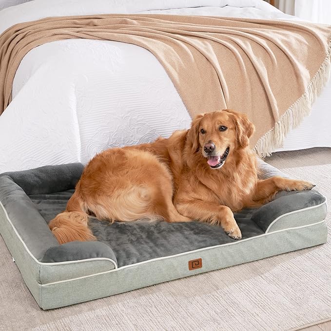 EHEYCIGA Orthopedic Dog Beds for Extra Large Dogs, Waterproof Memory Foam XL Dog Bed with Sides, Non-Slip Bottom and Egg-Crate Foam Big Pet Couch Bed with Washable Removable Cover, Greyish Green