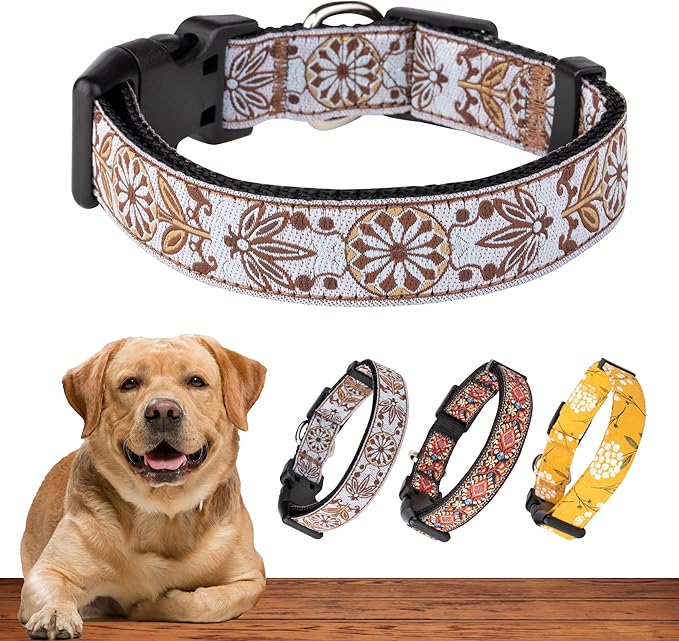 Dog Collars for Small Medium & Large Dogs - Female and Male Patterns on Long Lasting, Adjustable, Strong and Durable, Puppy Quick Release Buckle, White Woven Collar